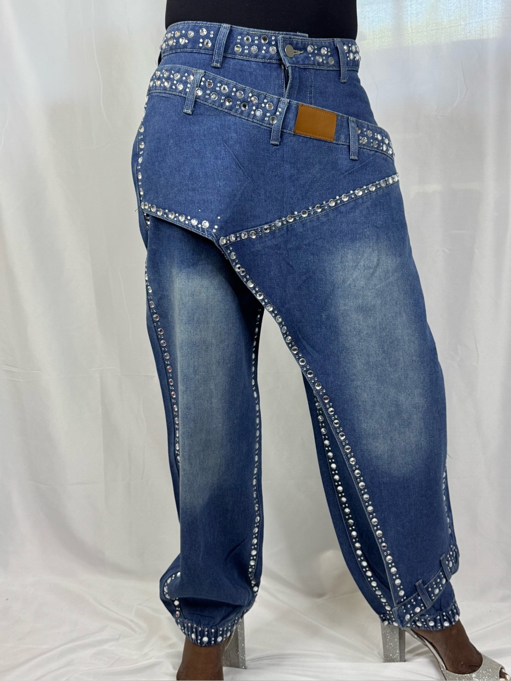 Wide-Leg Washed Denim Trousers Layered Design, Overlay Panel, Rhinestones  Med